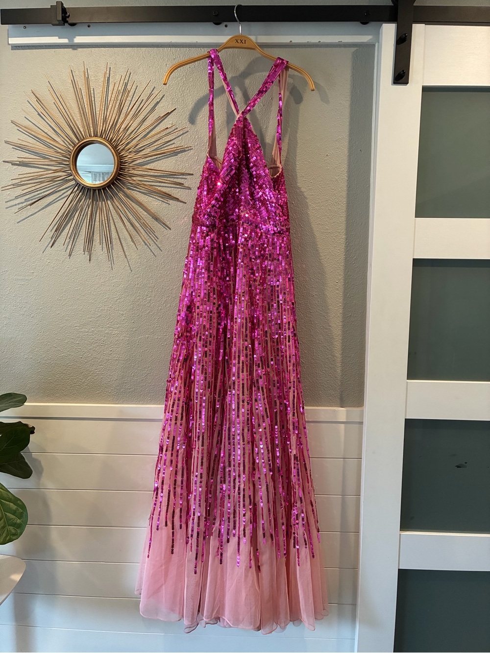 Mac Duggal Fuchsia Sequin Fringe Prom Gown